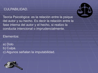 CULPABILIDAD.
Teoría Psicológica: es la relación entre la psique
del autor y su hecho. Es decir la relación entre la
fase interna del autor y el hecho, si realizo la
conducta intencional o imprudencialmente.
Elementos:
a) Dolo
b) Culpa.
c) Algunos señalan la imputabilidad.
 