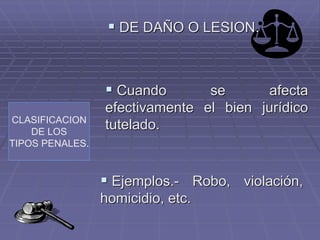 CLASIFICACION
DE LOS
TIPOS PENALES.
 DE DAÑO O LESION.
 Cuando se afecta
efectivamente el bien jurídico
tutelado.
 Ejemplos.- Robo, violación,
homicidio, etc.
 