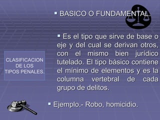 CLASIFICACION
DE LOS
TIPOS PENALES.
 BASICO O FUNDAMENTAL.
 Es el tipo que sirve de base o
eje y del cual se derivan otros,
con el mismo bien jurídico
tutelado. El tipo básico contiene
el mínimo de elementos y es la
columna vertebral de cada
grupo de delitos.
 Ejemplo.- Robo, homicidio.
 