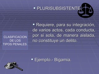 CLASIFICACION
DE LOS
TIPOS PENALES.
 PLURISUBSISTENTE.
 Requiere, para su integración,
de varios actos, cada conducta,
p...