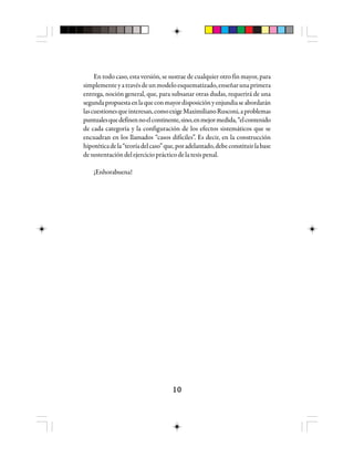 1010101010
En todo caso, esta versión, se sustrae de cualquier otro fin mayor, para
simplementeyatravésdeunmodeloesquematizado,enseñarunaprimera
entrega, noción general, que, para subsanar otras dudas, requerirá de una
segundapropuestaenlaqueconmayordisposiciónyenjundiaseabordarán
lascuestionesqueinteresan,comoexigeMaximilianoRusconi,aproblemas
puntualesquedefinennoelcontinente,sino,enmejormedida,“elcontenido
de cada categoría y la configuración de los efectos sistemáticos que se
encuadran en los llamados “casos difíciles”. Es decir, en la construcción
hipotéticadela“teoríadelcaso”que,poradelantado,debeconstituirlabase
desustentacióndelejercicioprácticodelatesispenal.
¡Enhorabuena!
 