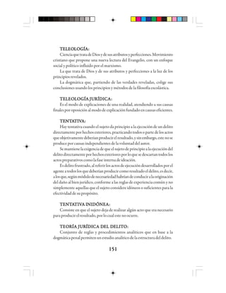 151151151151151
TTTTTEEEEELLLLLEOEOEOEOEOLLLLLOOOOOGGGGGÍÍÍÍÍAAAAA:::::
CienciaquetratadeDiosydesusatributosyperfecciones.Movimiento
cristiano que propone una nueva lectura del Evangelio, con un enfoque
social y político influido por el marxismo.
La que trata de Dios y de sus atributos y perfecciones a la luz de los
principiosrevelados.
La dogmática que, partiendo de las verdades reveladas, colige sus
conclusiones usando los principios y métodos de la filosofía escolástica.
TTTTTEEEEELLLLLEOEOEOEOEOLLLLLOOOOOGGGGGÍÍÍÍÍA JUA JUA JUA JUA JURRRRRÍÍÍÍÍDDDDDIIIIICCCCCAAAAA:::::
Es el modo de explicaciones de una realidad, atendiendo a sus causas
finalesporoposiciónalmododeexplicaciónfundadoencausaseficientes.
TTTTTEEEEENNNNNTTTTTAAAAATTTTTIIIIIVVVVVAAAAA:::::
Hay tentativa cuando el sujeto da principio a la ejecución de un delito
directamenteporhechosexteriores,practicandotodosopartedelosactos
queobjetivamentedeberíanproducirelresultado,ysinembargo,estenose
produce por causas independientes de la voluntad del autor.
Semantienelaexigenciadequeelsujetodeprincipioalaejecucióndel
delitodirectamenteporhechosexterioresporloquesedescartantodoslos
actospreparativoscomolafaseinternadeideación.
Esdelitofrustrado,alreferirlosactosdeejecucióndesarrolladosporel
agenteatodoslosquedeberíanproducircomoresultadoeldelito,esdecir,
alosque,segúnmódulodenecesariedadhabríandeconduciralaoriginación
del daño al bien jurídico, conforme a las reglas de experiencia común y no
simplemente aquellas que el sujeto considere idóneos o suficientes para la
efectividad de su propósito.
TTTTTEEEEENNNNNTTTTTAAAAATTTTTIIIIIVVVVVA IA IA IA IA INNNNNIIIIIDDDDDÓÓÓÓÓNNNNNEEEEEAAAAA:::::
Consiste en que el sujeto deja de realizar algún acto que era necesario
paraproducirelresultado,porlocualestenoocurre.
TTTTTEOEOEOEOEORRRRRÍÍÍÍÍA JUA JUA JUA JUA JURRRRRÍÍÍÍÍDDDDDIIIIICCCCCA DA DA DA DA DEEEEEL DL DL DL DL DEEEEELLLLLIIIIITTTTTOOOOO:::::
Conjunto de reglas y procedimientos analíticos que en base a la
dogmáticapenalpermitenunestudioanalíticodelaestructuradeldelito.
 
