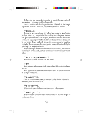 152152152152152
Es la cesión que la dogmática jurídica ha permitido para analizar la
composiciónyloscaracteresdelhechopunible.
Setratadeescuelasdederechopenalquehanelaboradounsistemaque
lepermitenabordarlaestructura,loscaracteresdelhechopunible.
TTTTTIIIIIPPPPPIIIIICCCCCIIIIIDDDDDAAAAADDDDD:::::
Es una de las características del delito; la segunda en la definición
jurídica: entre acto y antijuricidad. Los hechos cometidos por el hombre,
paraquesepuedasancionarconunapena,debenestardescritosenlaley.Esa
descripciónlegal,desprovistadecaráctervalorativo,constituyelatipicidad;
de este modo, el tipo legal es la abstracción concreta que ha trazado el
legislador, descartando detalles innecesarios, para la definición del hecho
que se logra en la ley como delito.
Elpreceptolegaltrataderesumirunaconductahumana,describiendo
medianteunafórmuladada,unhaceruomitirqueconstituyeobjetivamente
delito.
TIPICIDAD CONGLOBANTE:TIPICIDAD CONGLOBANTE:TIPICIDAD CONGLOBANTE:TIPICIDAD CONGLOBANTE:TIPICIDAD CONGLOBANTE:
Es cuando el tipo se subsume con otra norma.
TTTTTIIIIIPPPPPOOOOO:::::
Descripcióneindividualizacióndeunaconductadelictuosaconrelación
aldelito.
Eslafiguraabstractaehipotéticacontenidaen laley,quesemanifiesta
enlasimpledescripción.
TTTTTIIIIIPPPPPO AO AO AO AO ADDDDDJJJJJEEEEETTTTTIIIIIVOVOVOVOVO:::::
Son los elementos normales de naturaleza descriptiva, referencias a
personas,cosasymododeobrar.
TTTTTIIIIIPPPPPO OO OO OO OO OBBBBBJJJJJEEEEETTTTTIIIIIVOVOVOVOVO:::::
Comprendelaacción,laimputaciónobjetivayelresultado.
TTTTTIIIIIPPPPPO SO SO SO SO SUUUUUBBBBBJJJJJEEEEETTTTTIIIIIVOVOVOVOVO:::::
Es la intención que conoce las consecuencias de las cosas de que su
conductaesdolosa.
 