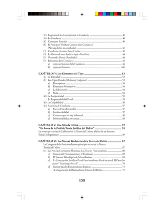 158158158158158
3.3- EsquemadelosCaracteresdelaConducta ...........................................................40
3.4- LaConducta...............................................................................................................40
A) Concepto.Función ...................................................................................................40
B) ElPrincipio“NullumCrimenSineConducta”
(Nohaydelitosinconducta) ...................................................................................41
C) Conducta,Acción,Acto,Hecho ...........................................................................42
D) LaVoluntadvistadesdelaópticaFinalista............................................................44
E) VoluntadyDeseo(Resultado).................................................................................44
F) EstructuradelaConducta........................................................................................44
a) AspectoInternodelaConducta ...................................................................44
b) AspectoExterno............................................................................................ 445
CAPÍTULO IV: Los Elementos del TipoCAPÍTULO IV: Los Elementos del TipoCAPÍTULO IV: Los Elementos del TipoCAPÍTULO IV: Los Elementos del TipoCAPÍTULO IV: Los Elementos del Tipo ............................................................................................................................................................................................................................................................................................................ 5353535353
4.1-LaTipicidad ...............................................................................................................53
A) LosTiposPenales(DolososyCulposos) ...............................................................53
a) Descriptivos.......................................................................................................54
b) ElementosNormativos....................................................................................54
c) LaSubsunción ..................................................................................................54
d) Nota....................................................................................................................54
4.2-LaAntijuricidad .........................................................................................................55
LaResponsabilidadPenal .........................................................................................55
4.3-LaCulpabilidad ..........................................................................................................56
4.4-AusenciadeConducta..............................................................................................57
a) FuerzaFísicaIrresistible ..................................................................................57
b) Involuntabilidad ...............................................................................................57
c) Casos en que no hay Voluntad ......................................................................58
d) Involuntabilidadprocurada.............................................................................58
CCCCCAAAAAPPPPPÍÍÍÍÍTTTTTUUUUULLLLLO VO VO VO VO V: U: U: U: U: Unnnnna Ma Ma Ma Ma Miiiiirrrrradadadadada Ca Ca Ca Ca Crrrrrítítítítíticicicicicaaaaa ......................................................................................................................................................................................................................................................................................................................................................... 5959595959
“E“E“E“E“En bun bun bun bun buscscscscsca de la de la de la de la de la Pa Pa Pa Pa Peeeeerrrrrdddddididididida Ta Ta Ta Ta Teeeeeooooorrrrría Jía Jía Jía Jía Juuuuurrrrrídídídídídicicicicica del Da del Da del Da del Da del Delelelelelitititititooooo””””” ....................................................................................................................................................................................................................... 5959595959
La reinterpretación de Zaffaroni de la Teoría del Delito, a la luz de un Sistema
PenalDeslegitimado ..................................................................................................................59
CCCCCAAAAAPPPPPÍÍÍÍÍTTTTTUUUUULLLLLO VO VO VO VO VIIIII: La: La: La: La: Las Ns Ns Ns Ns Nueueueueuevvvvvaaaaas Ts Ts Ts Ts Teeeeendendendendendencianciancianciancias de ls de ls de ls de ls de la Ta Ta Ta Ta Teeeeeooooorrrrría del Día del Día del Día del Día del Delelelelelitititititooooo .............................................................................................................. 6767676767
LaCategoríadeloFuncionalcomoprincipiorectordelaNueva
TeoríadelDelito ................................................................................................................67
6.1-LasNuevasCorrientesAlemanas.LasTeoríasFuncionalistas...........................68
a) SíntesisdelNeoclasicismoyelFinalismo ....................................................69
b) ElSistemaTeleológicodeSchmidhaüser......................................................69
c) LaConcepciónJurídico-PenalFuncionalistaoFinal-racional.ElDerecho
como “Tecnología Social” ...............................................................................70
d) GunterJakobs:FuncionalismoRadical.........................................................71
-LaSuperacióndelNaturalismoClásicodelDelito...................................71
 