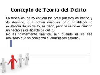 La teoría del delito estudia los presupuestos de hecho y de derecho, que deben concurrir para establecer la existencia de un delito, es decir, permite resolver cuando un hecho es calificable de delito. No es formalmente finalista, aún cuando es de ese resultado que se comienza el análisis y/o estudio. Concepto de Teoría del Delito  