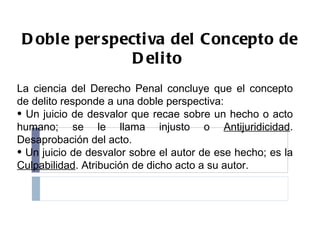 Doble perspectiva del Concepto de Delito  La ciencia del Derecho Penal concluye que el concepto de delito responde a una doble perspectiva:  Un juicio de desvalor que recae sobre un hecho o acto humano; se le llama injusto o  Antijuridicidad . Desaprobación del acto. Un juicio de desvalor sobre el autor de ese hecho; es la  Culpabilidad . Atribución de dicho acto a su autor. 
