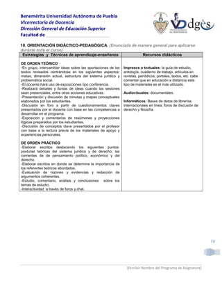 Benemérita Universidad Autónoma de Puebla
Vicerrectoría de Docencia
Dirección General de Educación Superior
Facultad de _________________________

10. ORIENTACIÓN DIDÁCTICO-PEDAGÓGICA. (Enunciada de manera general para aplicarse
durante todo el curso)
 Estrategias y Técnicas de aprendizaje-enseñanza      Recursos didácticos

DE ORDEN TEÓRICO
-En grupo, intercambiar ideas sobre las aportaciones de los   Impresos o textuales: la guía de estudio,
textos revisados centrándose en los siguientes aspectos:      antología, cuaderno de trabajo, artículos en
metas, dimensión actual, estructura del sistema jurídico y    revistas, periódicos, portales, textos, etc. cabe
problemática social.                                          comentar que en educación a distancia este
-El docente hará uso de exposiciones tipo conferencia.        tipo de materiales es el más utilizado.
-Realizará debates y lluvias de ideas cuando las sesiones
sean presenciales, entre otras acciones educativas.           Audiovisuales: documentales.
-Presentación y discusión de minutas y mapas conceptuales
elaborados por los estudiantes.                               Informáticos: Bases de datos de librerías
-Discusión en foro a partir de cuestionamientos claves        internacionales en línea, foros de discusión de
presentados por el docente con base en las competencias a     derecho y filosofía.
desarrollar en el programa.
-Exposición y comentarios de resúmenes y proyecciones
lógicas preparados por los estudiantes.
-Discusión de conceptos clave presentados por el profesor
con base a la lectura previa de los materiales de apoyo y
experiencias personales.

DE ORDEN PRÁCTICO
-Elaborar escritos destacando los siguientes puntos:
posturas teóricas del sistema jurídico y de derecho, las
corrientes de de pensamiento político, económico y del
derecho.
-Elaborar escritos en donde se determine la importancia de
los referentes teóricos abordados.
-Evaluación de razones y evidencias y redacción de
argumentos coherentes.
-Estudio, comentario, análisis y conclusiones sobre los
temas de estudio.
-Interactividad a través de foros y chat.




                                                                                                                  10




                                                                [Escribir Nombre del Programa de Asignatura]
 