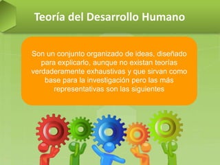 Teoría del Desarrollo Humano
Son un conjunto organizado de ideas, diseñado
para explicarlo, aunque no existan teorías
verdaderamente exhaustivas y que sirvan como
base para la investigación pero las más
representativas son las siguientes
 
