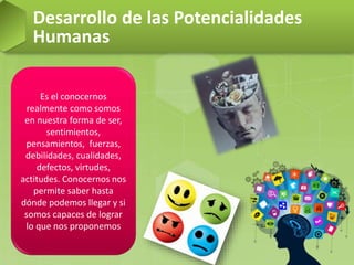 Desarrollo de las Potencialidades
Humanas
Es el conocernos
realmente como somos
en nuestra forma de ser,
sentimientos,
pensamientos, fuerzas,
debilidades, cualidades,
defectos, virtudes,
actitudes. Conocernos nos
permite saber hasta
dónde podemos llegar y si
somos capaces de lograr
lo que nos proponemos
 