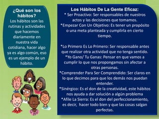 ¿Qué son los
hábitos?
Los hábitos son las
rutinas y actividades
que hacemos
diariamente en
nuestra vida
cotidiana, hacer algo
ya es algo común, eso
es un ejemplo de un
hábito.
Los Hábitos De La Gente Eficaz:
* Ser Proactivo: Ser responsables de nuestros
actos y las decisiones que tomamos.
*Empezar Con Un Objetivo: Es tener un propósito
o una meta planteada y cumplirla en cierto
tiempo.
*Lo Primero Es Lo Primero: Ser responsable antes
que realizar otra actividad que no tenga sentido.
*Yo Gano/ Tu Ganas: Pensar en que vamos a
cumplir lo que nos propongamos sin afectar a
otras personas.
*Comprender Para Ser Comprendido: Ser claros en
lo que decimos para que los demás nos puedan
entender.
*Sinérgico: Es el don de la creatividad, este hábitos
nos ayuda a dar solución a algún problema
*Afile La Sierra: Es el don del perfeccionamiento,
es decir, hacer todo bien y que las cosas salgan
perfectas.
 