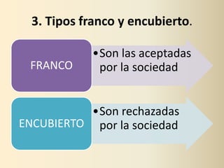 3. Tipos franco y encubierto.

            •Son las aceptadas
 FRANCO      por la sociedad


           •Son rechazadas
ENCUBIERTO por la sociedad
 