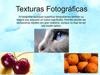 Texturas Fotográficas
Al fotografiar cualquier superficie fotografiamos también su
textura que adquiere un nuevo significado. Permite percibir las
sensaciones táctiles con gran realismo, aunque no deja de ser
una ilusión óptica.
 