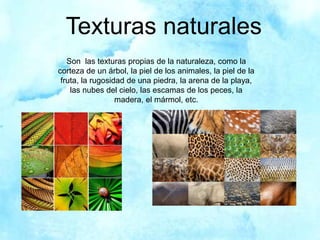 Texturas naturales
Son las texturas propias de la naturaleza, como la
corteza de un árbol, la piel de los animales, la piel de la
fruta, la rugosidad de una piedra, la arena de la playa,
las nubes del cielo, las escamas de los peces, la
madera, el mármol, etc.
 