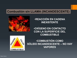 Néstor Garcia
•REACCIÓN EN CADENA
INEXISTENTE
•OXÍGENO EN CONTACTO
CON LA SUPERFICIE DEL
COMBUSTIBLE
•COMBUSTIÓN COMO
SÓLIDO INCANDESCENTE – NO HAY
VAPORES
Combustión sin LLAMA (INCANDESCENTE)
 