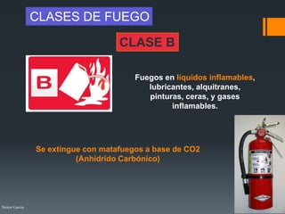 Néstor Garcia
Fuegos en líquidos inflamables,
lubricantes, alquitranes,
pinturas, ceras, y gases
inflamables.
CLASES DE FUEGO
CLASE B
Se extingue con matafuegos a base de CO2
(Anhídrido Carbónico)
 