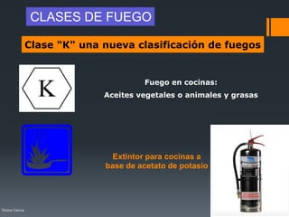 Néstor Garcia
Clase "K" una nueva clasificación de fuegos
Fuego en cocinas:
Aceites vegetales o animales y grasas
Extintor para cocinas a
base de acetato de potasio
CLASES DE FUEGO
 