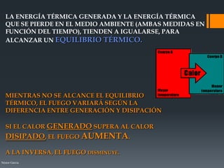 Néstor Garcia
MIENTRAS NO SE ALCANCE EL EQUILIBRIO
TÉRMICO, EL FUEGO VARIARÁ SEGÚN LA
DIFERENCIA ENTRE GENERACIÓN Y DISIPACIÓN
SI EL CALOR GENERADO SUPERA AL CALOR
DISIPADO, EL FUEGO AUMENTA.
A LA INVERSA, EL FUEGO DISMINUYE.
LA ENERGÍA TÉRMICA GENERADA Y LA ENERGÍA TÉRMICA
QUE SE PIERDE EN EL MEDIO AMBIENTE (AMBAS MEDIDAS EN
FUNCIÓN DEL TIEMPO), TIENDEN A IGUALARSE, PARA
ALCANZAR UN EQUILIBRIO TÉRMICO.
 