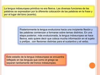 La lengua indoeuropea primitiva no era flexiva. Las diversas funciones de las
palabras se expresaban por la diferente colocación de las palabras en la frase y
por el lugar del tono (acento).
Posteriormente la lengua evoluciona hacia una incipiente flexión y
las palabras comienzan a formarse sobre temas distintos. En una
etapa posterior, más evolucionada, la lengua indoeuropea se hace
flexiva, esto quiere decir que coloca mucha información en el sujeto
o prefijos , con flexiones distintas para el sustantivo y el verbo.
Este estadio de la lengua indoeuropea se encuentra
reflejado en las lenguas que como el griego se
separan tardíamente del tronco indoeuropeo.
 