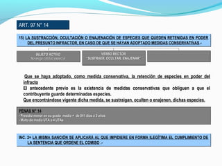 ART. 97 N° 14ART. 97 N° 14
15) LA SUSTRACCIÓN, OCULTACIÓN O ENAJENACIÓN DE ESPECIES QUE QUEDEN RETENIDAS EN PODER
DEL PRESUNTO INFRACTOR, EN CASO DE QUE SE HAYAN ADOPTADO MEDIDAS CONSERVATIVAS.-
15) LA SUSTRACCIÓN, OCULTACIÓN O ENAJENACIÓN DE ESPECIES QUE QUEDEN RETENIDAS EN PODER
DEL PRESUNTO INFRACTOR, EN CASO DE QUE SE HAYAN ADOPTADO MEDIDAS CONSERVATIVAS.-
SUJETO ACTIVOSUJETO ACTIVO
No exige calidad especialNo exige calidad especial
SUJETO ACTIVOSUJETO ACTIVO
No exige calidad especialNo exige calidad especial
VERBO RECTORVERBO RECTOR
““SUSTRAER, OCULTAR, ENAJENAR”SUSTRAER, OCULTAR, ENAJENAR”
VERBO RECTORVERBO RECTOR
““SUSTRAER, OCULTAR, ENAJENAR”SUSTRAER, OCULTAR, ENAJENAR”
Que se haya adoptado, como medida conservativa, la retención de especies en poder del
infracto
El antecedente previo es la existencia de medidas conservativas que obliguen a que el
contribuyente guarde determinadas especies.
Que encontrándose vigente dicha medida, se sustraigan, oculten o enajenen, dichas especies.
PENAS N° 14
-- Presidio menor en su grado medio = de 541 días a 3 añosPresidio menor en su grado medio = de 541 días a 3 años
- Multa de media UTA a 4 UTAs- Multa de media UTA a 4 UTAs
INC. 2= LA MISMA SANCIÓN SE APLICARÁ AL QUE IMPIDIERE EN FORMA ILEGÍTIMA EL CUMPLIMIENTO DE
LA SENTENCIA QUE ORDENE EL COMISO .-
INC. 2= LA MISMA SANCIÓN SE APLICARÁ AL QUE IMPIDIERE EN FORMA ILEGÍTIMA EL CUMPLIMIENTO DE
LA SENTENCIA QUE ORDENE EL COMISO .-
 