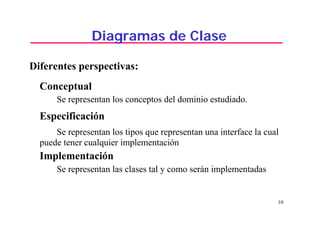 10
Diagramas de Clase
Diferentes perspectivas:
Conceptual
Se representan los conceptos del dominio estudiado.
Especificación
Se representan los tipos que representan una interface la cual
puede tener cualquier implementación
Implementación
Se representan las clases tal y como serán implementadas
 