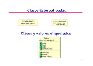 21
Clases Estereotipadas
MetaclaseCuenta
<<metaclass>>
FueraRango
<<exception>>
Clases y valores etiquetados
Cuenta
codigo
titular
saldo
$ UltimoCodigo
reintegro()
ingreso()
nuevoCodigo()
{Autor:jgm: version: 1}
 