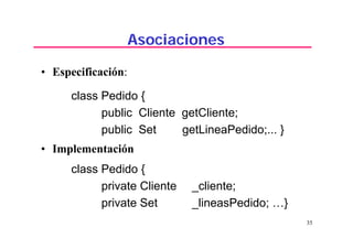 35
Asociaciones
• Especificación:
class Pedido {
public Cliente getCliente;
public Set getLineaPedido;... }
• Implementación
class Pedido {
private Cliente _cliente;
private Set _lineasPedido; …}
 