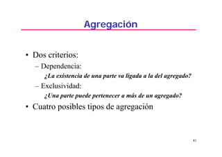 41
Agregación
• Dos criterios:
– Dependencia:
¿La existencia de una parte va ligada a la del agregado?
– Exclusividad:
¿Una parte puede pertenecer a más de un agregado?
• Cuatro posibles tipos de agregación
 