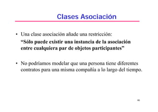 46
Clases Asociación
• Una clase asociación añade una restricción:
“Sólo puede existir una instancia de la asociación
entre cualquiera par de objetos participantes”
• No podríamos modelar que una persona tiene diferentes
contratos para una misma compañía a lo largo del tiempo.
 