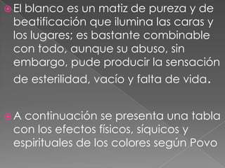 El blanco es un matiz de pureza y de beatificación que ilumina las caras y los lugares; es bastante combinable con todo, aunque su abuso, sin embargo, pude producir la sensación de esterilidad, vacío y falta de vida. A continuación se presenta una tabla con los efectos físicos, síquicos y espirituales de los colores según Povo