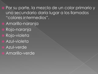 Por su parte, la mezcla de un color primario y uno secundario daría lugar a los llamados “colores intermedios”.Amarillo-naranjaRojo-naranjaRojo-violetaAzul-violetaAzul-verdeAmarillo-verde