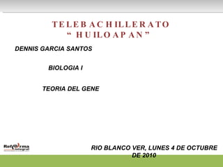 TELEBACHILLERATO “HUILOAPAN” DENNIS GARCIA SANTOS   BIOLOGIA I TEORIA DEL GENE RIO BLANCO VER, LUNES 4 DE OCTUBRE DE 2010 