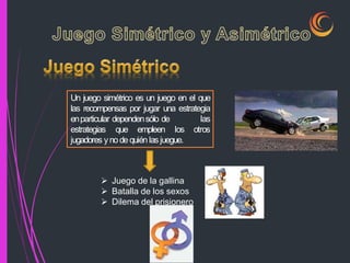 Un juego simétrico es un juego en el que
las recompensas por jugar una estrategia
enparticular dependensólo de las
estrategias que empleen los otros
jugadores ynodequién lasjuegue.
 Juego de la gallina
 Batalla de los sexos
 Dilema del prisionero
 