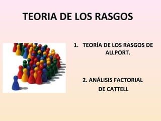 TEORIA DE LOS RASGOS
1. TEORÍA DE LOS RASGOS DE
ALLPORT.
2. ANÁLISIS FACTORIAL
DE CATTELL
 