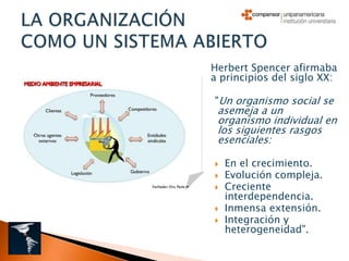 Herbert Spencer afirmaba
a principios del siglo XX:

"Un organismo social se
 asemeja a un
 organismo individual en
 los siguientes rasgos
 esenciales:

   En el crecimiento.
   Evolución compleja.
   Creciente
    interdependencia.
   Inmensa extensión.
   Integración y
    heterogeneidad".
 