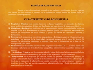 TEORÍA DE LOS SISTEMAS 
Sistema es un todo organizado y complejo; un conjunto o combinación de cosas o partes 
que forman un todo complejo o unitario. Es un conjunto de objetos unidos por alguna forma de 
interacción o interdependencia. 
CARACTERÍSTICAS DE LOS SISTEMAS 
 Propósito u Objetivo: todo sistema tiene uno o algunos propósitos. Los elementos (u objetos), 
como también las relaciones, definen una distribución que trata siempre de alcanzar un objetivo. 
 Globalismo o Totalidad: un cambio en una de las unidades del sistema, con probabilidad producirá 
cambios en las otras. El efecto total se presenta como un ajuste a todo el sistema. Originando una 
relación de causa/efecto. De estos cambios y ajustes, se derivan dos fenómenos: entropía y 
homeostasia. 
 Entropía: es la tendencia de los sistemas a desgastarse, a desintegrarse, para el relajamiento de los 
estándares y un aumento de la aleatoriedad. La entropía aumenta con el correr del tiempo. Si 
aumenta la información, disminuye la entropía, dado que la información es la base de la 
configuración y del orden. 
 Homeostasia: es el equilibrio dinámico entre las partes del sistema. Los sistemas tienen una 
tendencia a adaptarse con el fin de alcanzar un equilibrio interno frente a los cambios externos del 
entorno. 
 Los Límites o Fronteras: en términos operacionales puede decirse que la frontera es aquella línea 
que separa al sistema de su entorno y que define lo que le pertenece y lo que fuera de él. 
 Adaptabilidad: es la propiedad que tiene un sistema de aprender y modificar un proceso, un 
estado o una característica de acuerdo a las modificaciones que sufre el contexto. Esto se logra a 
través de un mecanismo de adaptación que permita responder a los cambios internos y externos a 
través del tiempo. Para que un sistema pueda ser adaptable debe tener y fluido intercambio con el 
medio en el que se desarrolla. 
 