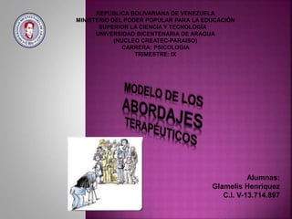 Alumnas:
Glamelis Henríquez
C.I. V-13.714.897
REPÙBLICA BOLIVARIANA DE VENEZUELA
MINISTERIO DEL PODER POPULAR PARA LA EDUCACIÓN
SUPERIOR LA CIENCIA Y TECNOLOGÍA
UNIVERSIDAD BICENTENARIA DE ARAGUA
(NUCLEO CREATEC-PARAISO)
CARRERA: PSICOLOGIA
TRIMESTRE: IX
 
