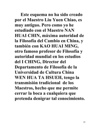 25
Este esquema no ha sido creado
por el Maestro Liu Yuen Chiao, es
muy antiguo. Pero como yo he
estudiado con el Maestro NAN
HUAI CHIN, máxima autoridad de
la Filosofía del Cambio en China, y
también con KAO HUAI MING,
otro famoso profesor de Filosofía y
autoridad mundial en los estudios
del I CHING, Director del
Departamento de Filosofía de la
Universidad de Cultura China
WEN HUA TA HSUEH, tengo la
transmisión tradicional de los
Maestros, hecho que me permite
cerrar la boca a cualquiera que
pretenda denigrar tal conocimiento.
 