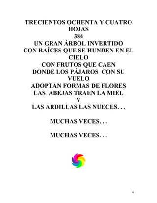 4
TRECIENTOS OCHENTA Y CUATRO
HOJAS
384
UN GRAN ÁRBOL INVERTIDO
CON RAÍCES QUE SE HUNDEN EN EL
CIELO
CON FRUTOS QUE CAEN
DONDE LOS PÁJAROS CON SU
VUELO
ADOPTAN FORMAS DE FLORES
LAS ABEJAS TRAEN LA MIEL
Y
LAS ARDILLAS LAS NUECES. . .
MUCHAS VECES. . .
MUCHAS VECES. . .
 