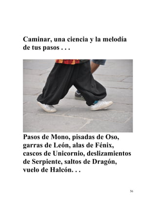 56
Caminar, una ciencia y la melodía
de tus pasos . . .
Pasos de Mono, pisadas de Oso,
garras de León, alas de Fénix,
cascos de Unicornio, deslizamientos
de Serpiente, saltos de Dragón,
vuelo de Halcón. . .
 