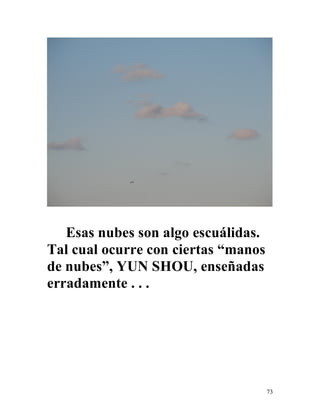 73
Esas nubes son algo escuálidas.
Tal cual ocurre con ciertas “manos
de nubes”, YUN SHOU, enseñadas
erradamente . . .
 