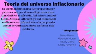 Teoria del universo inflacionario
La teoría inflacionaria fue propuesta por
primera vez por el cosmólogo americano
Alan Guth en el año 1981. Así mismo, Andrei
Linde, Andreas Albrecht y Paul Steinhardt
realizaron modificaciones a la propuesta
inicial de Guth para darle su forma más
moderna.
Integrantes
Nancy Moran
Alexander Moran
Melany Molina
Shirley Navarrete


 