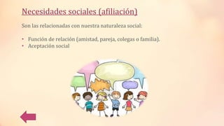 Necesidades sociales (afiliación)
Son las relacionadas con nuestra naturaleza social:
• Función de relación (amistad, pareja, colegas o familia).
• Aceptación social
 
