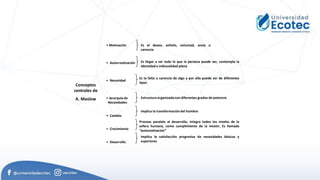 Conceptos
centrales de
A. Maslow
• Motivación
• Autorrealización
• Necesidad
• Jerarquía de
Necesidades
• Cambio
• Crecimiento
• Desarrollo
Es el deseo, anhelo, voluntad, ansia o
carencia
Es llegar a ser todo lo que la persona puede ser, contempla la
identidad e indivualidad plena
Es la falta o carencia de algo y por ello puede ser de diferentes
tipos
Estructura organizadacon diferentes grados de potencia
Implica la transformación del hombre
Proceso paralelo al desarrollo, integra todos los niveles de la
esfera humana, como cumplimiento de la misión. Es llamada
“autorealización”
Implica la satisfacción progresiva de necesidades básicas y
superiores
 
