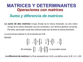 MATRICES Y DETERMINANTES La suma de dos matrices  A=(a ij ), B=( bij ) de la misma dimensión, es otra matriz S=( sij ) de la misma dimensión que los sumandos y con término genérico  sij=aij+bij . Por tanto, para poder sumar dos matrices estas han de tener la misma dimensión. La suma de las matrices A y B se denota por A+B. Ejemplo Suma y diferencia de matrices Operaciones con matrices La diferencia de matrices  A y B se representa por A–B, y se define como: A–B = A + (–B)                                                         Sin embargo,                              no se pueden sumar. 