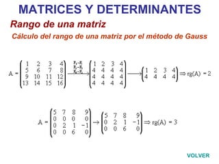 MATRICES Y DETERMINANTES Rango de una matriz Cálculo del rango de una matriz por el método de Gauss VOLVER                                                                                                                                                                                                                                             