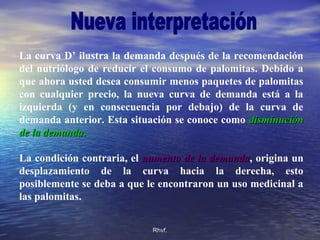 Rhvf.Rhvf.
La curva D’ ilustra la demanda después de la recomendación
del nutriólogo de reducir el consumo de palomitas. Debido a
que ahora usted desea consumir menos paquetes de palomitas
con cualquier precio, la nueva curva de demanda está a la
izquierda (y en consecuencia por debajo) de la curva de
demanda anterior. Esta situación se conoce como disminucióndisminución
de la demandade la demanda..
La condición contraria, el aumento de la demandaaumento de la demanda, origina un
desplazamiento de la curva hacia la derecha, esto
posiblemente se deba a que le encontraron un uso medicinal a
las palomitas.
 