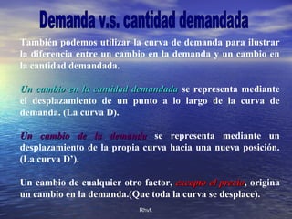 Rhvf.Rhvf.
También podemos utilizar la curva de demanda para ilustrar
la diferencia entre un cambio en la demanda y un cambio en
la cantidad demandada.
Un cambio en la cantidad demandadaUn cambio en la cantidad demandada se representa mediante
el desplazamiento de un punto a lo largo de la curva de
demanda. (La curva D).
Un cambio de la demandaUn cambio de la demanda se representa mediante un
desplazamiento de la propia curva hacia una nueva posición.
(La curva D’).
Un cambio de cualquier otro factor, excepto el precioexcepto el precio, origina
un cambio en la demanda.(Que toda la curva se desplace).
 