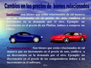 Rhvf.Rhvf.
Sustitutos:Sustitutos: son bienes que están relacionados de tal manera
que un incremento en el precio de uno, conlleva al
incremento en la demanda por el otro. Ejemplo: un
incremento en el precio de un Platina, induce a comprar un
Chevy.
Complementarios:Complementarios: Son bienes que están relacionados de tal
manera que un incremento en el precio de uno, conlleva a
un decremento en la demanda por el otro. Ejemplo: un
decremento en el precio de las computadoras induce a un
incremento en el software.
 
