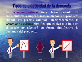 Rhvf.Rhvf.
La demanda elástica tiene lugar cuando los
consumidores compran más o menos un producto
cuando los precios cambian. Recíprocamente, la
demanda no elástica significa que el alza o la baja en
el precio no afectará en forma significativa la
demanda del producto.
 
