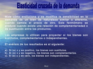 Rhvf.Rhvf.
Mide cómo evoluciona y se modifica la sensibilidad en la
demanda de un bien de naturaleza similar o diferente,
cuando cambia el precio de otro. Este fenmómeno se
produce cuando existe una relación de complementariedad o
de sustitución entre los productos.
Las empresas lo utilizan para proyectar si los bienes son
sustitutos, complementarios o independientes.
El análisis de los resultados es el siguiente:
a). Si (e) x y es positivo, los bienes son sustitutos.
b). Si (e) x y es negativo, los bienes son complementarios.
c). Si (e) x y es cero, los bienes son independientes.
 